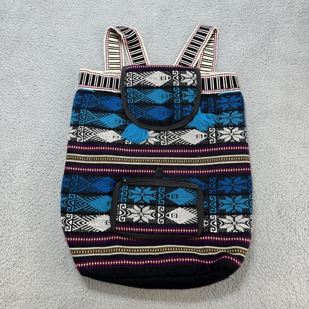 Boho Woven Tribal Aztec Backpack Blue Black Tassel Lined Front Zip Pocket Hippie